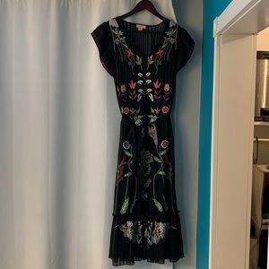 Anthropologie black dress with embroidered flours and beads size 10